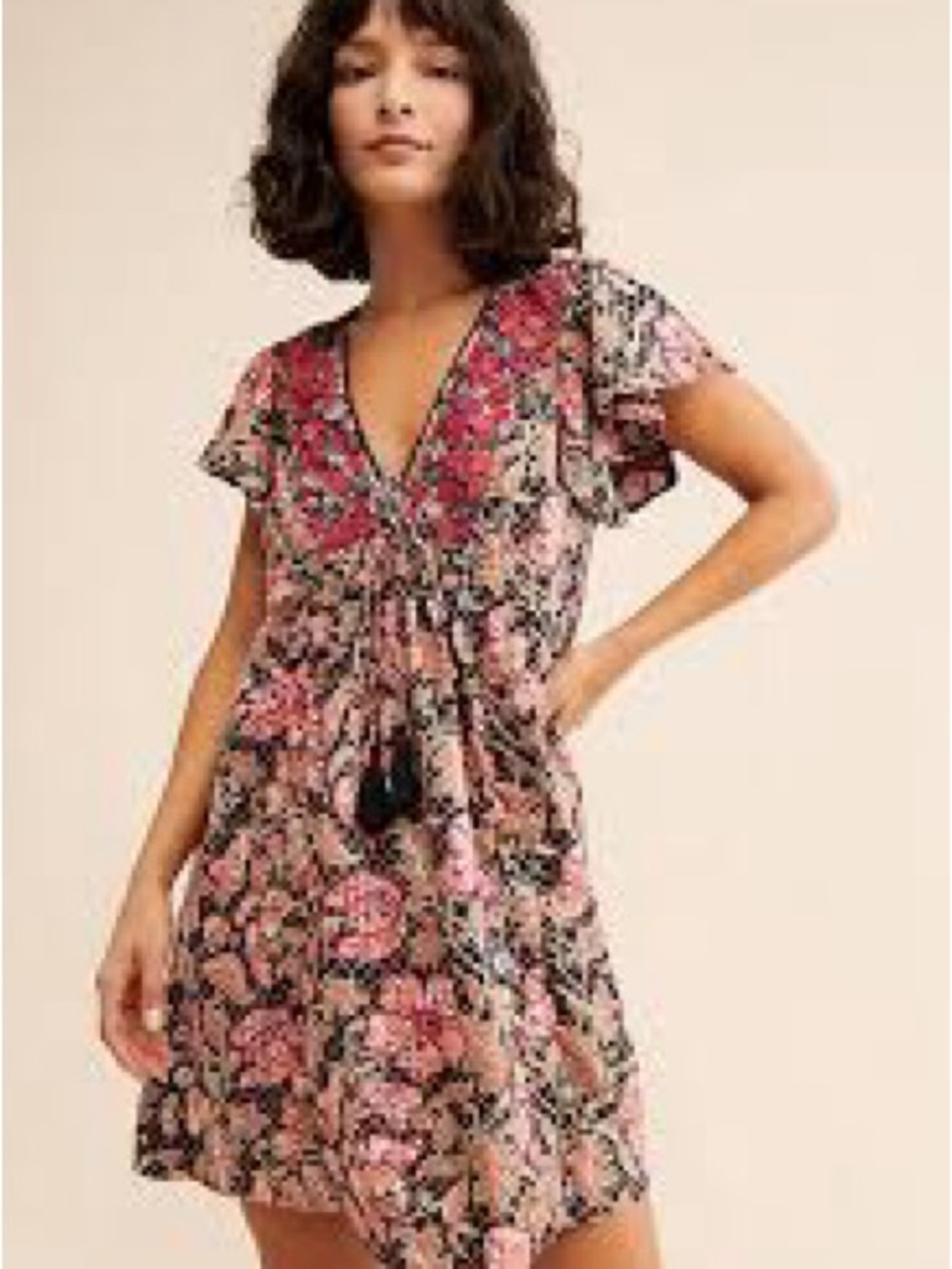Anthropologie Pink Floral V-Neck Mini Dress